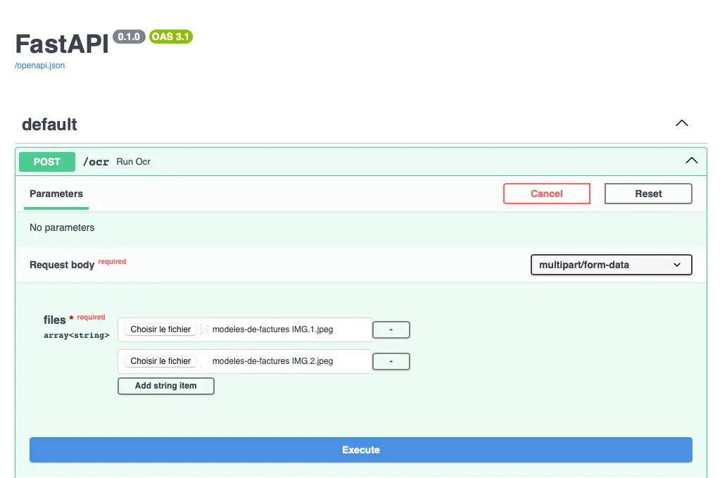 Capture d'écran de l'interface Fast API pour le test Paddle OCR, on y voit deux champs d'envoi de document pour des images.