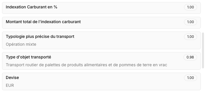 Capture d'écran de l'application Koncile qui montre des champs extraits d'un document présentant leur score de confiance