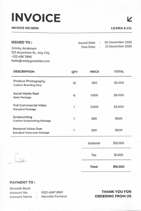 OpenCV output rendering for Test 2 on document 1. Modified invoice fields are clearly detected, showing a conclusive result.