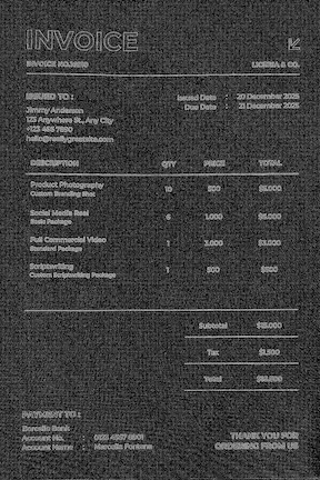 Test document for inpainting detection showing a scanned invoice with one product line removed.