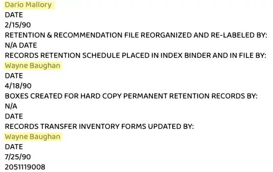 Pen to Print extracting handwritten names Dario Mallory and Wayne Baughan from structured FUNSD form