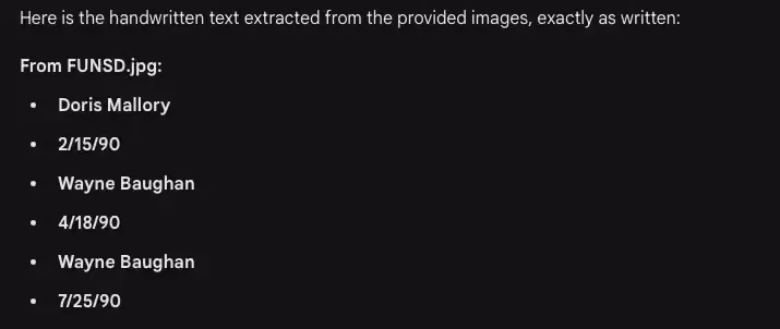 Gemini extracting handwritten names Dario Mallory and Wayne Baughan from FUNSD document