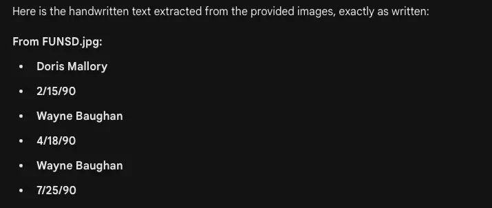 Gemini extracting handwritten names Dario Mallory and Wayne Baughan from FUNSD document