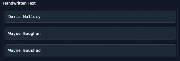 Mindee structured extraction of handwritten names Dario Mallory and Wayne Baughan from form