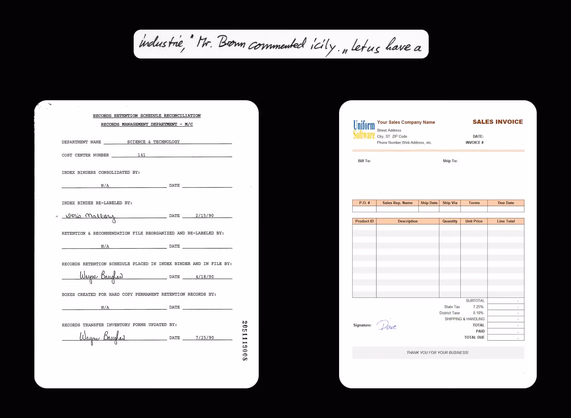 Composite image showing IAM handwritten sentence “Mr. Brown commented icily”, FUNSD form with names Dario Mallory and Wayne Baughan, and invoice with handwritten signature “Dave” used for OCR testing