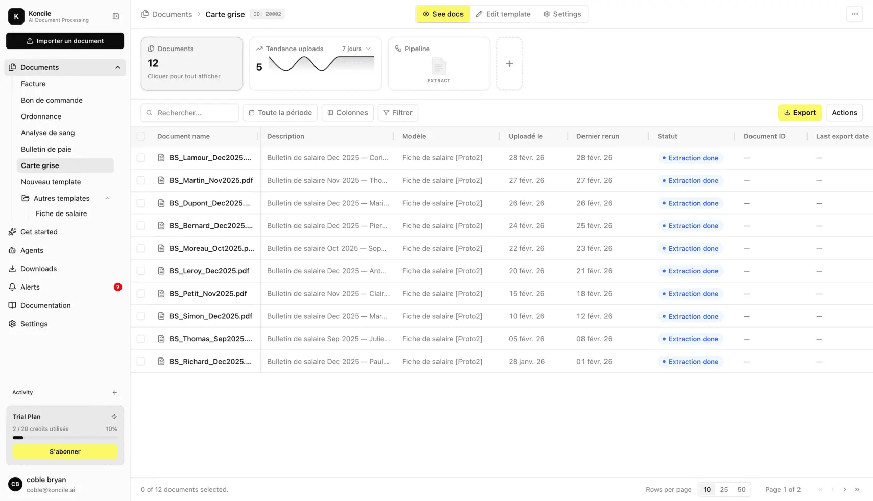 Screenshot de l'application Koncile, vue du Dashboard général avec l'importation des différents documents.