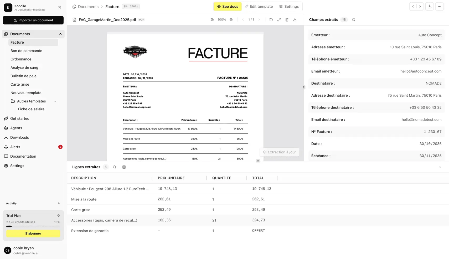 Screenshot de l'interface de Koncile sur la page de traitement d'un document, on y voit toutes les données extraites et l'UI de l'application.