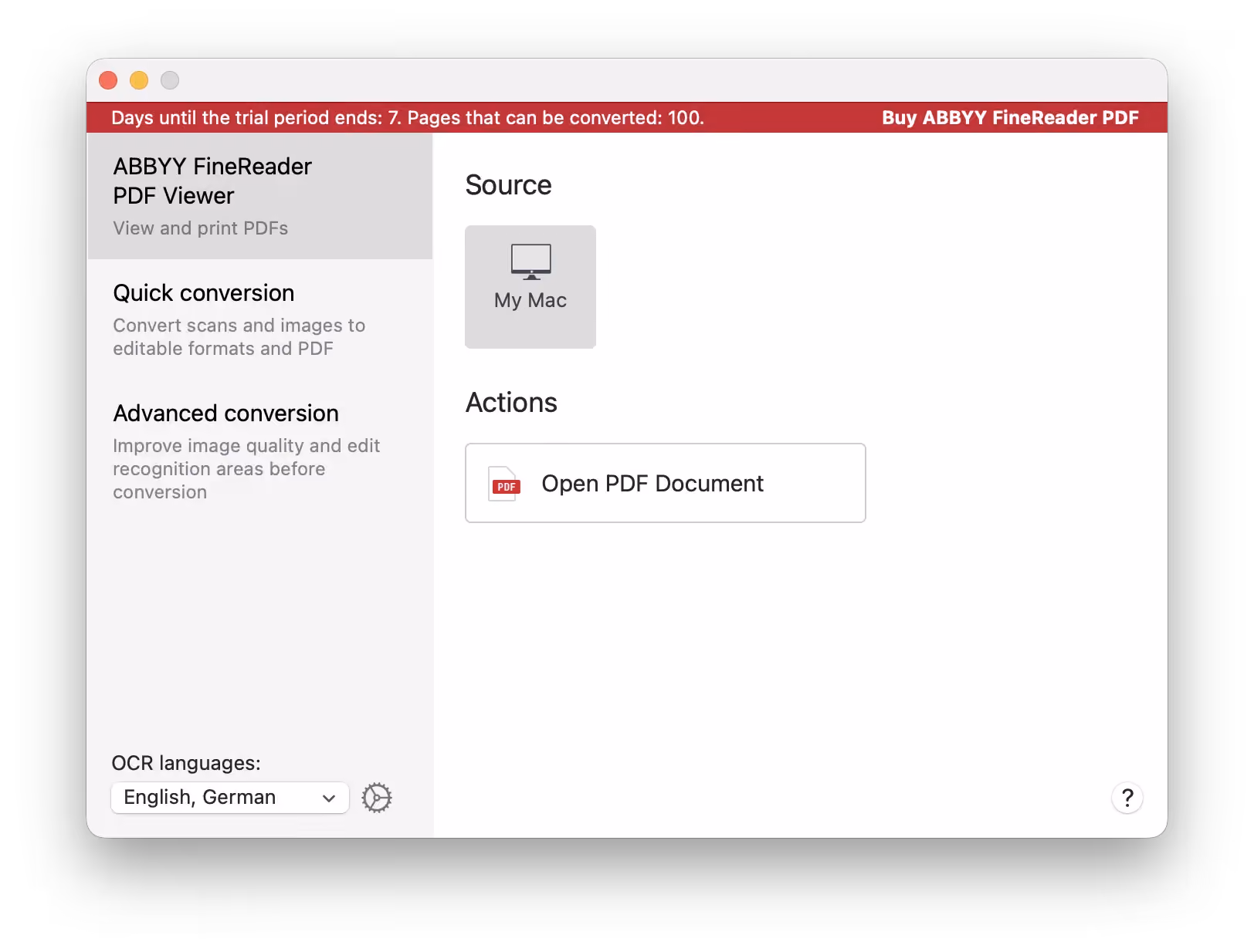 ABBYY FineReader main dashboard interface