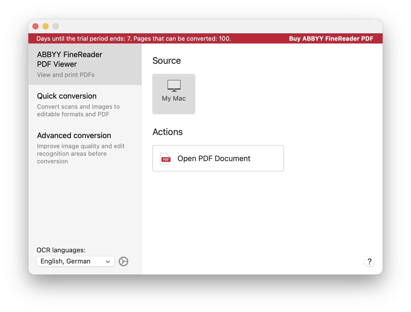 Interface principale d'ABBYY FineReader