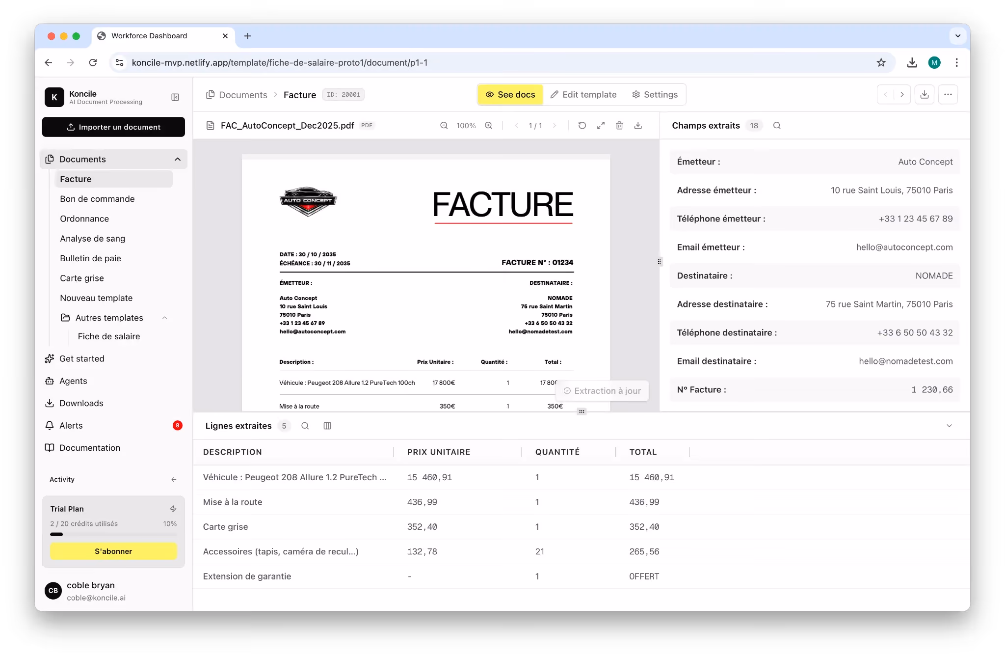 Koncile Extraction Page