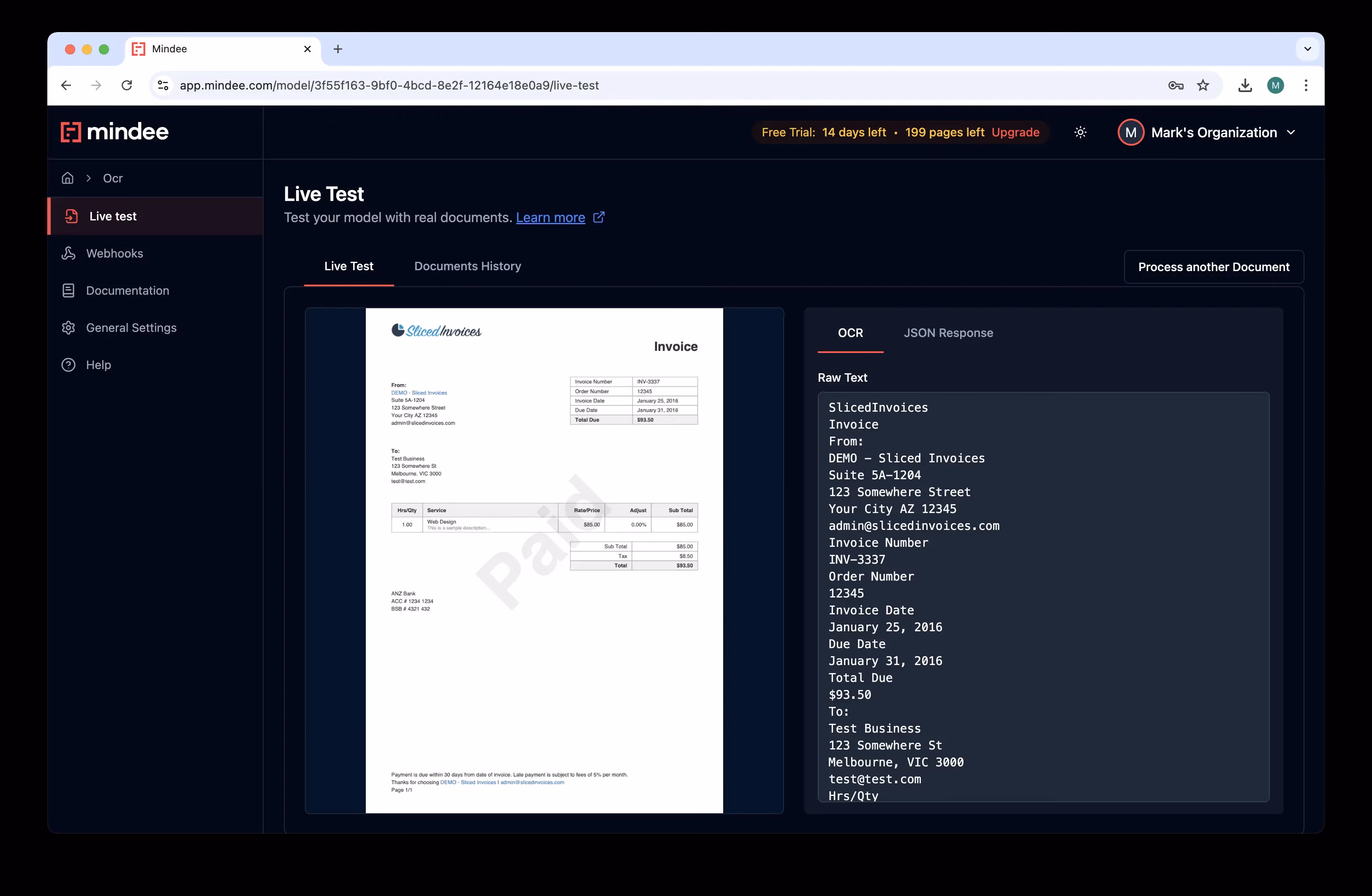 Mindee extraction page