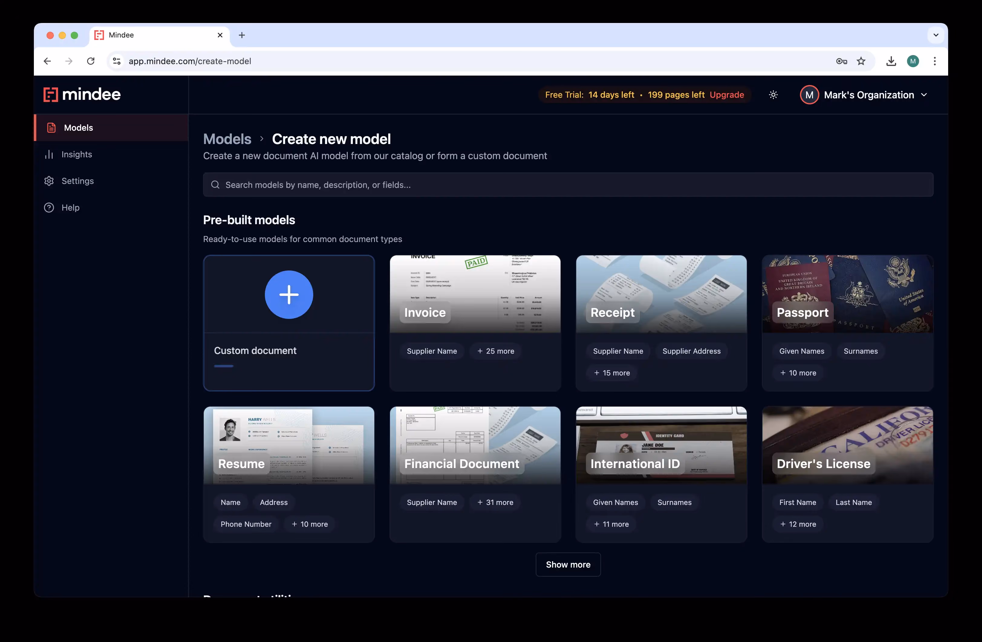 Mindee dashboard