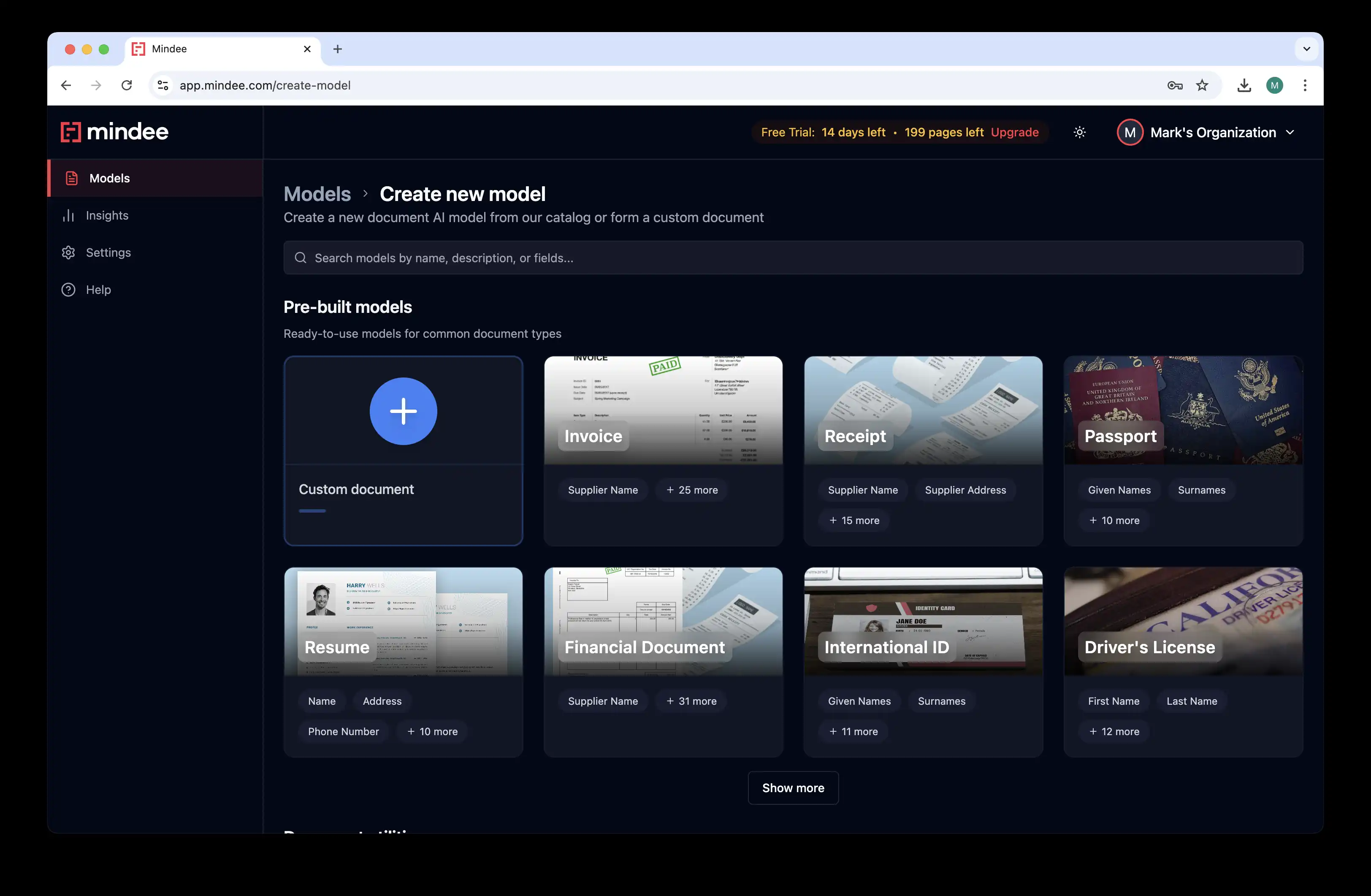 Mindee dashboard