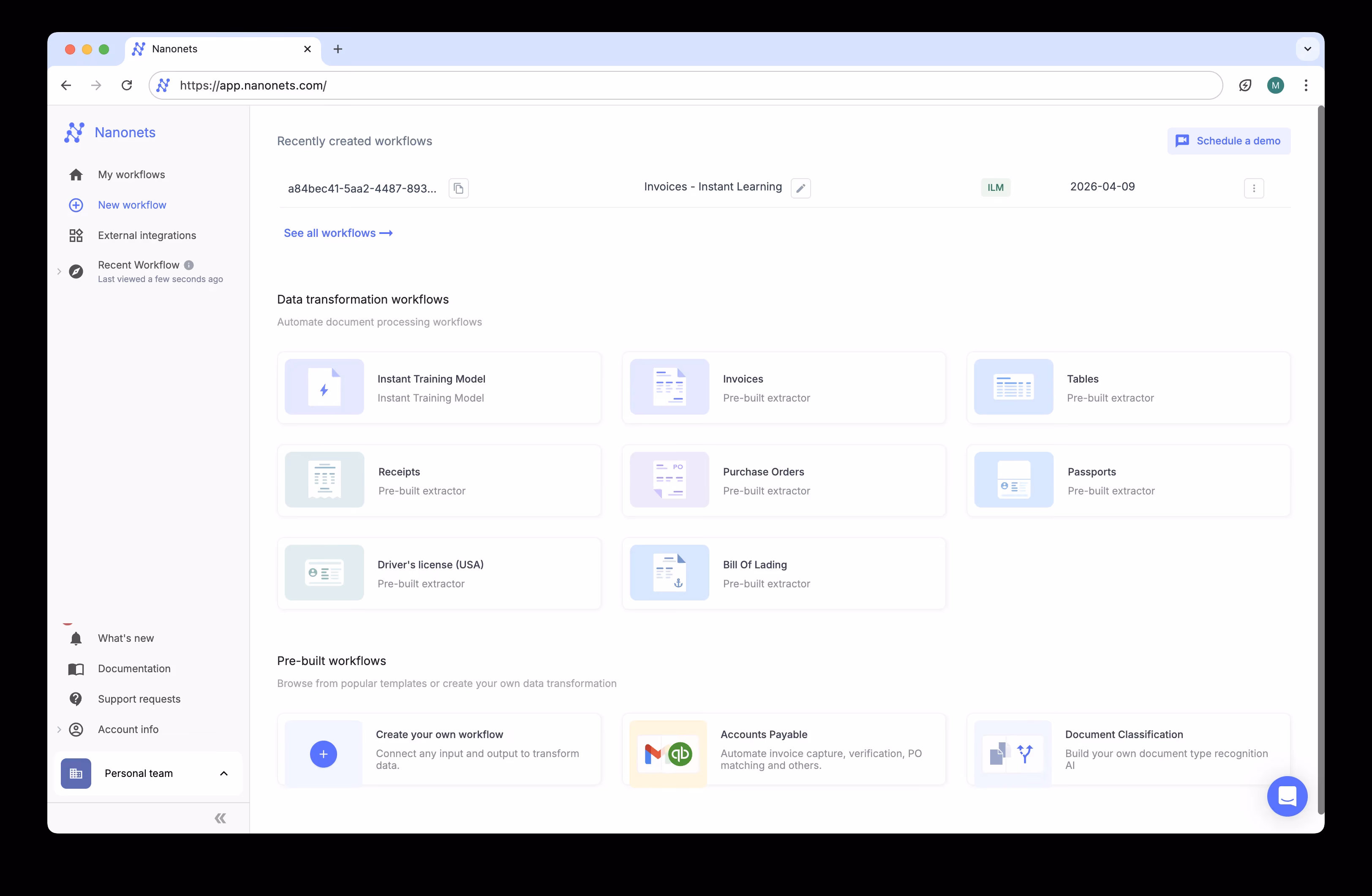 Nanonets dashboard interface