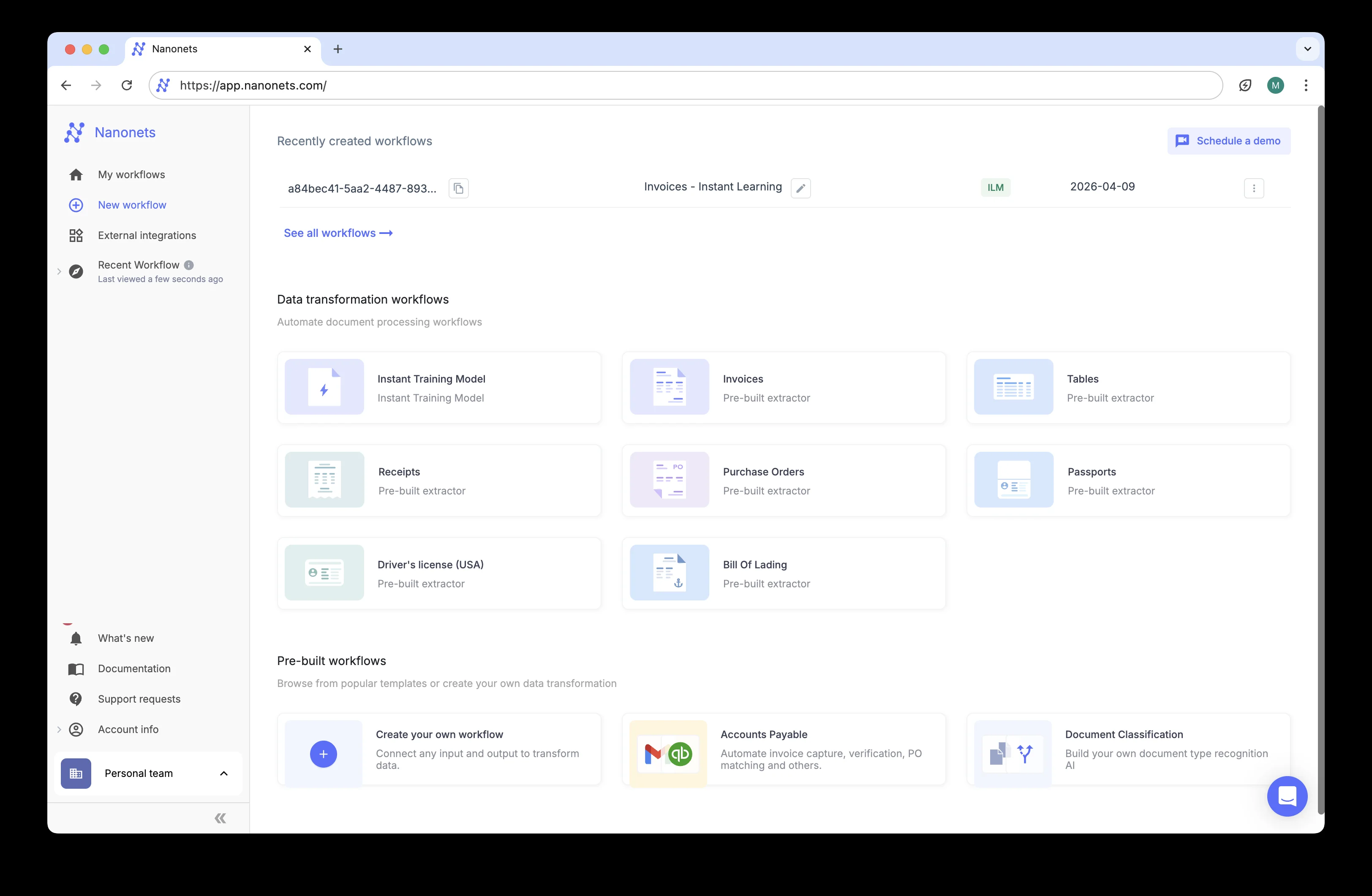 Nanonets dashboard