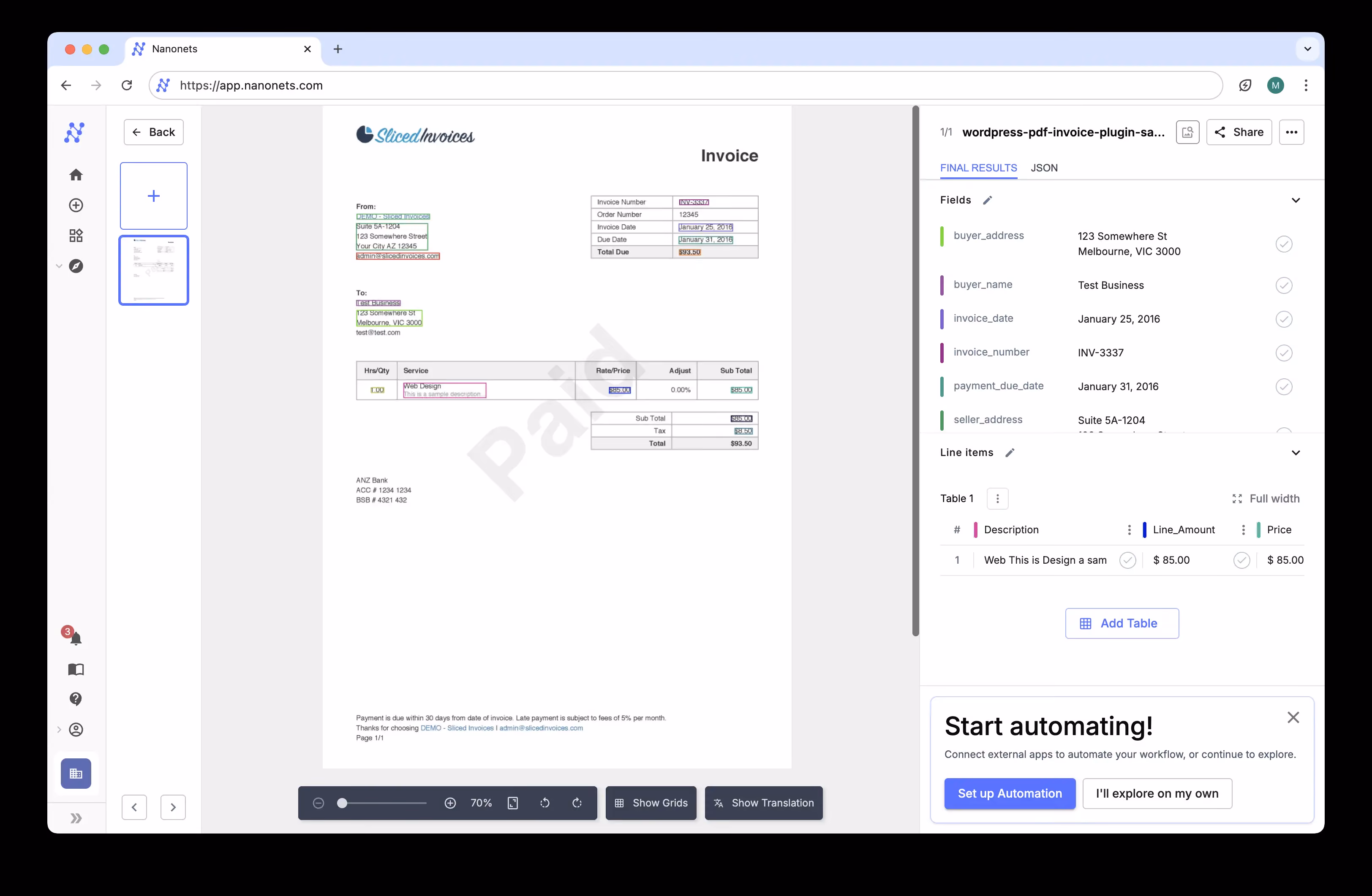 Nanonets document data extraction view