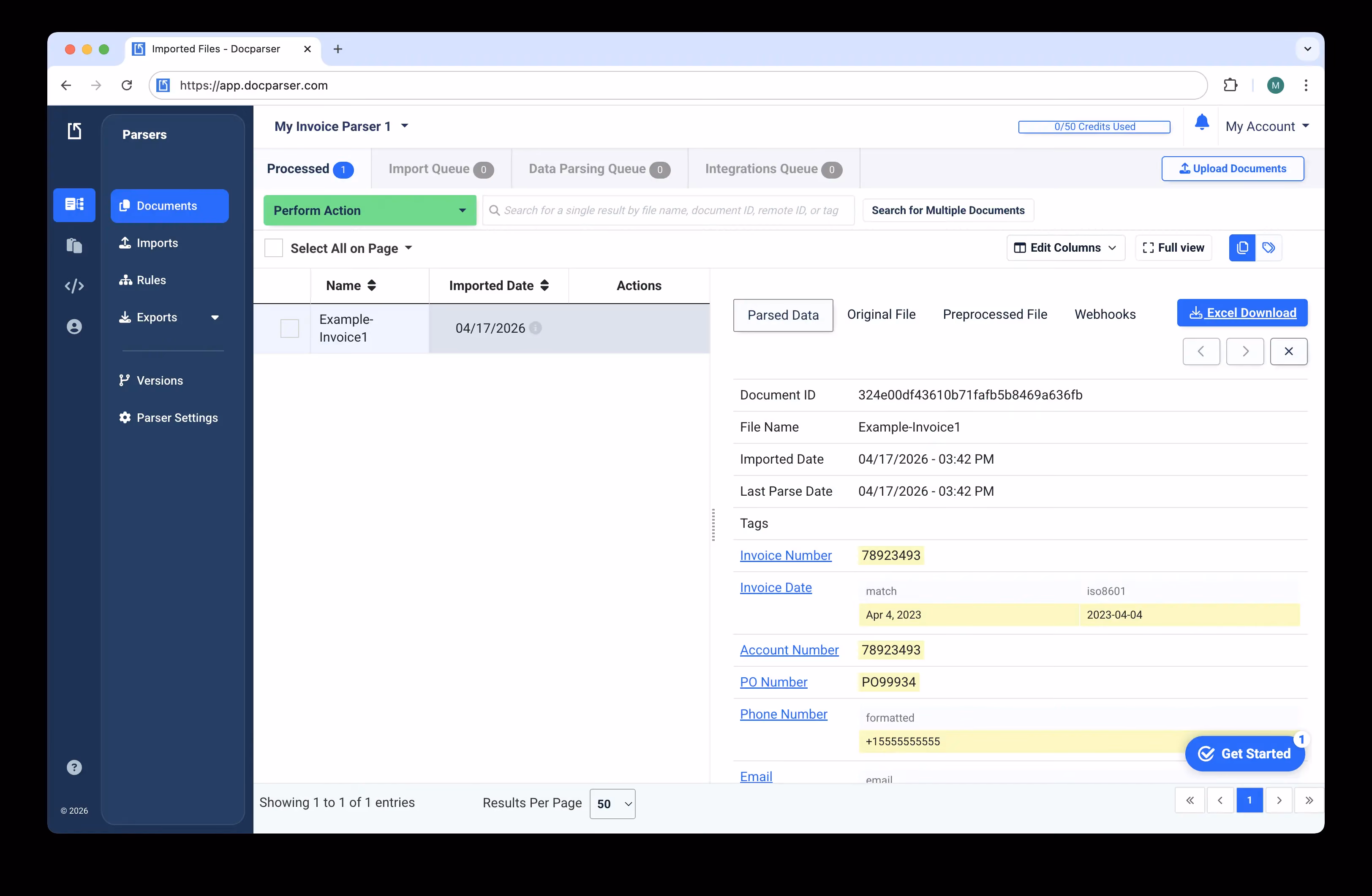 Page d'extraction Docparser
