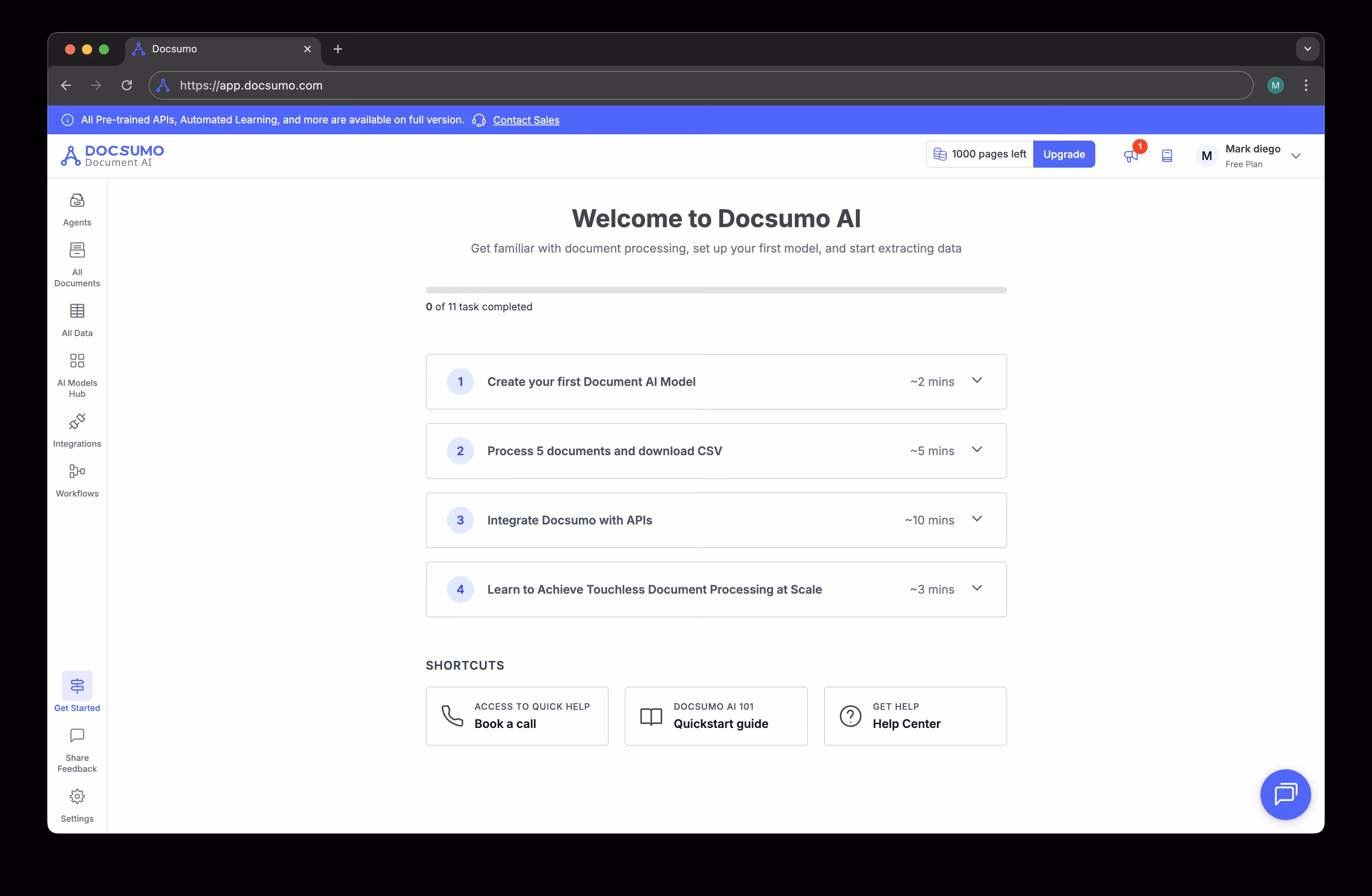 Interface du tableau de bord Docsumo