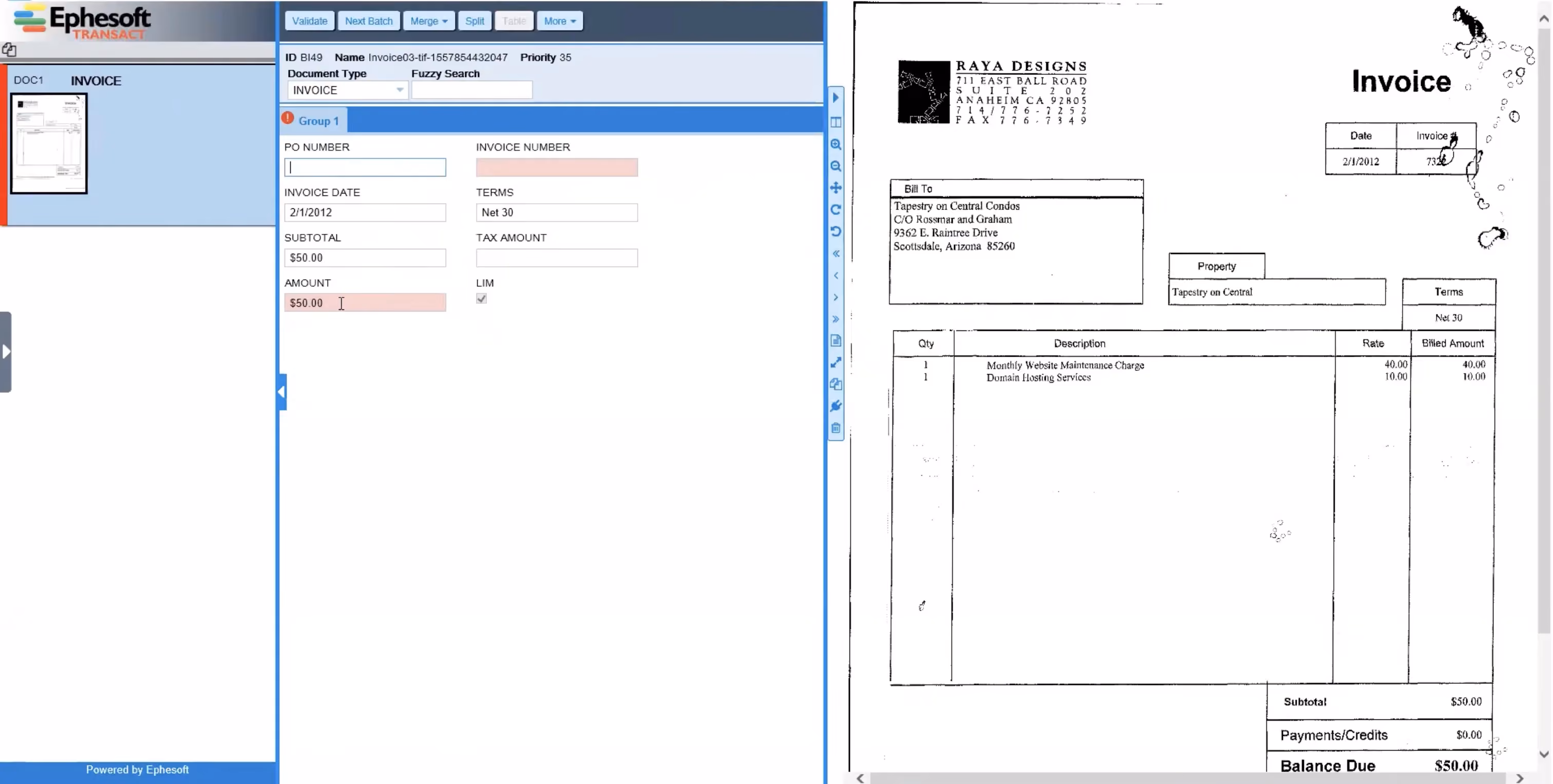 Ephesoft Transact extraction page