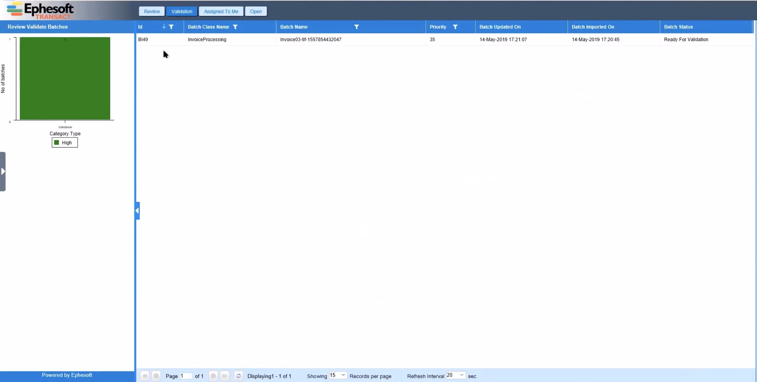 Tableau de bord Ephesoft Transact