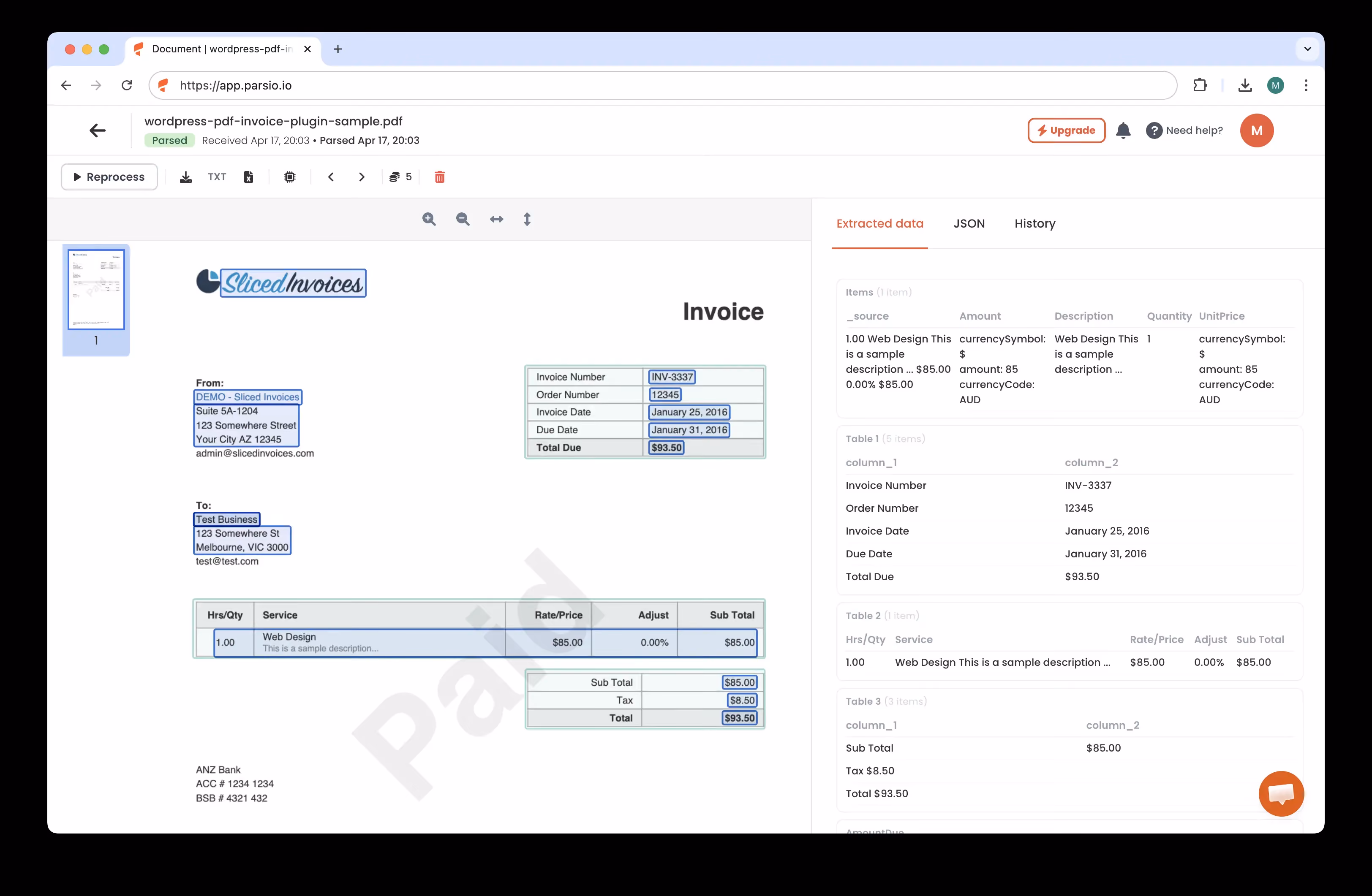 Parsio Extraction Page