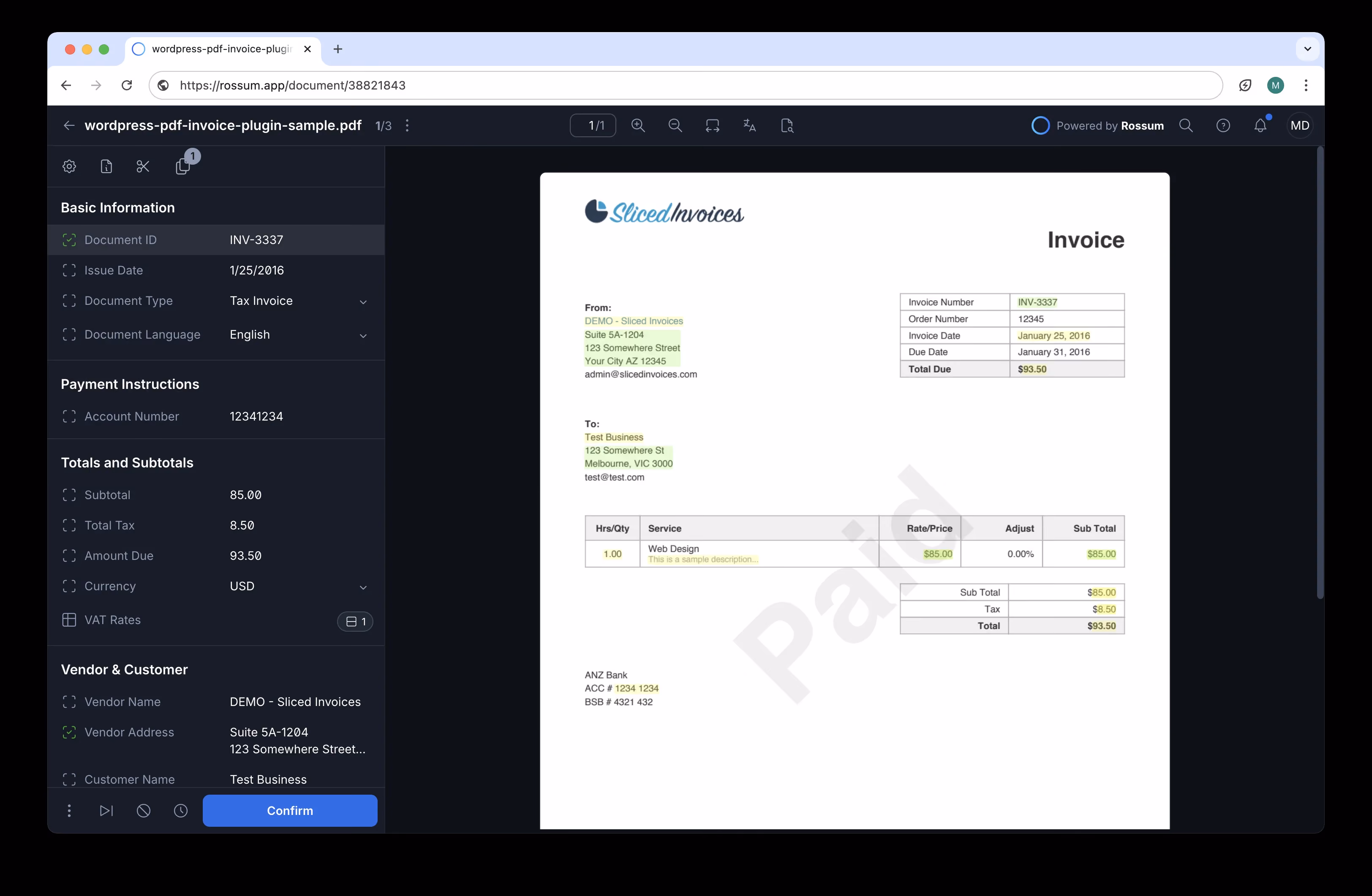 Vue d'extraction de documents Rossum