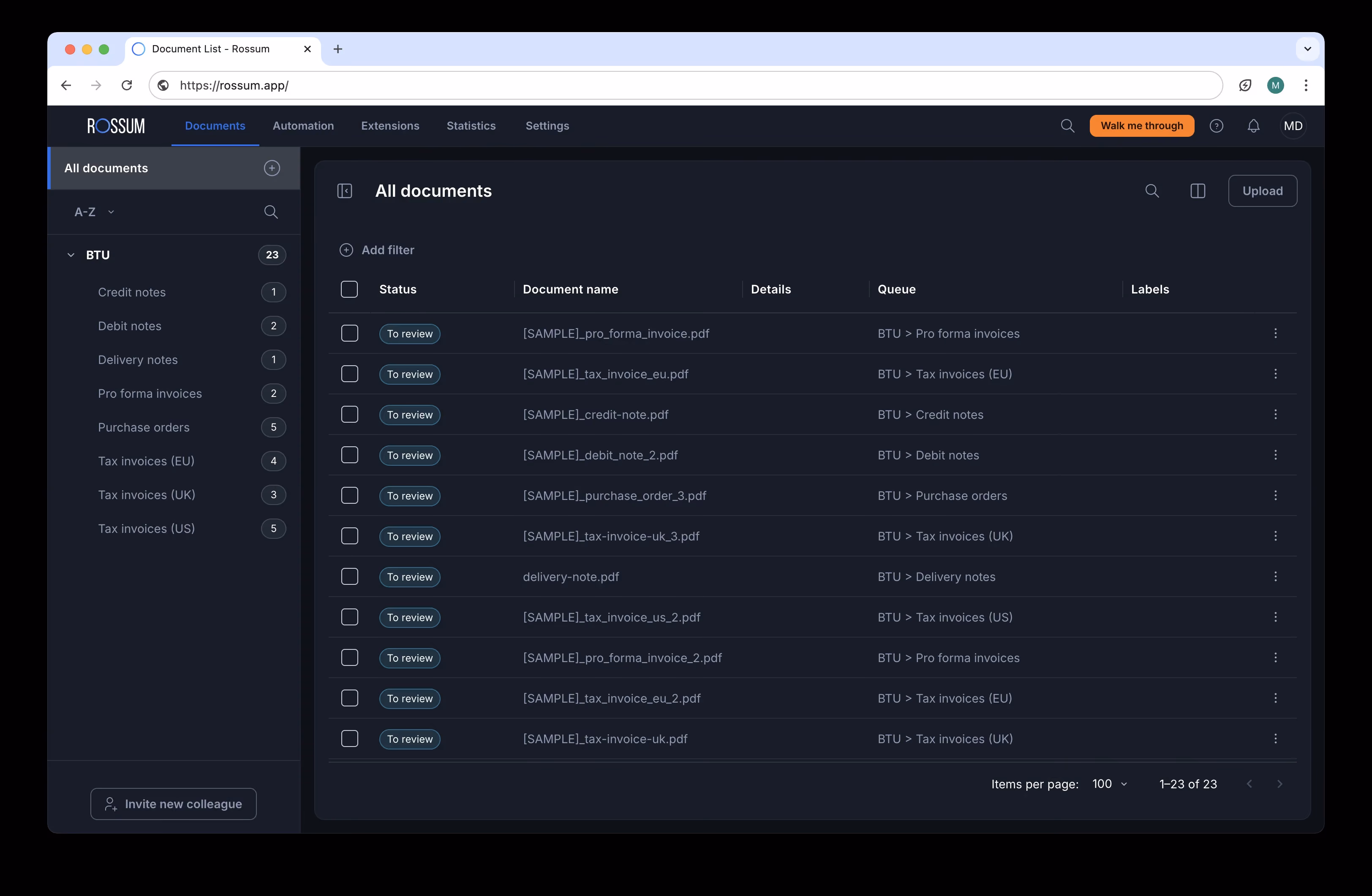 Interface du tableau de bord Rossum
