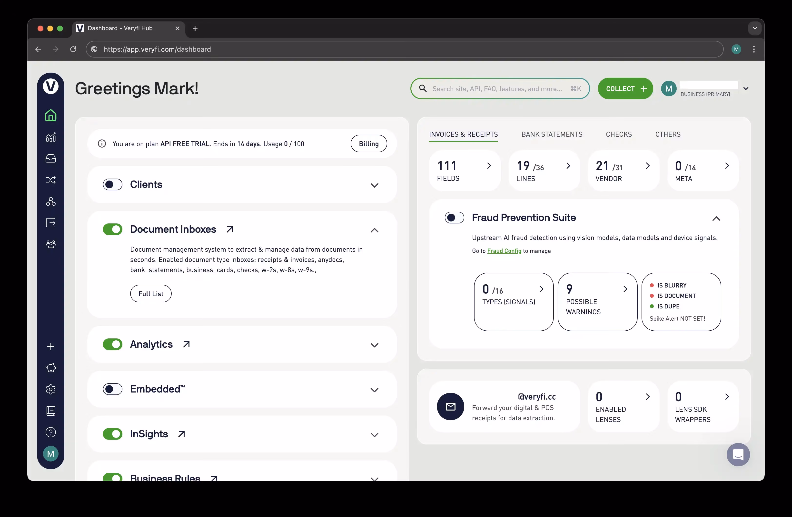 Interface du tableau de bord Veryfi