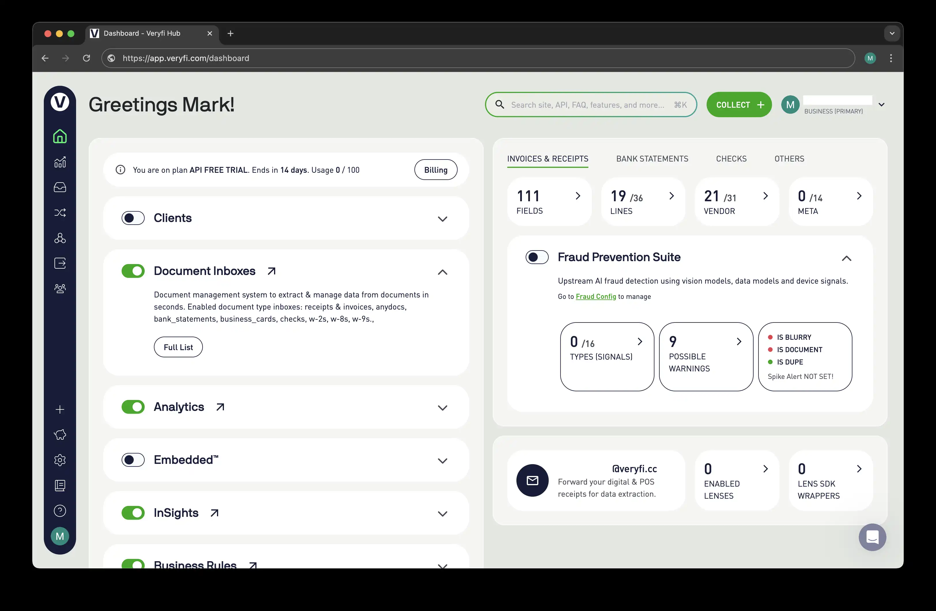 Veryfi main dashboard interface view