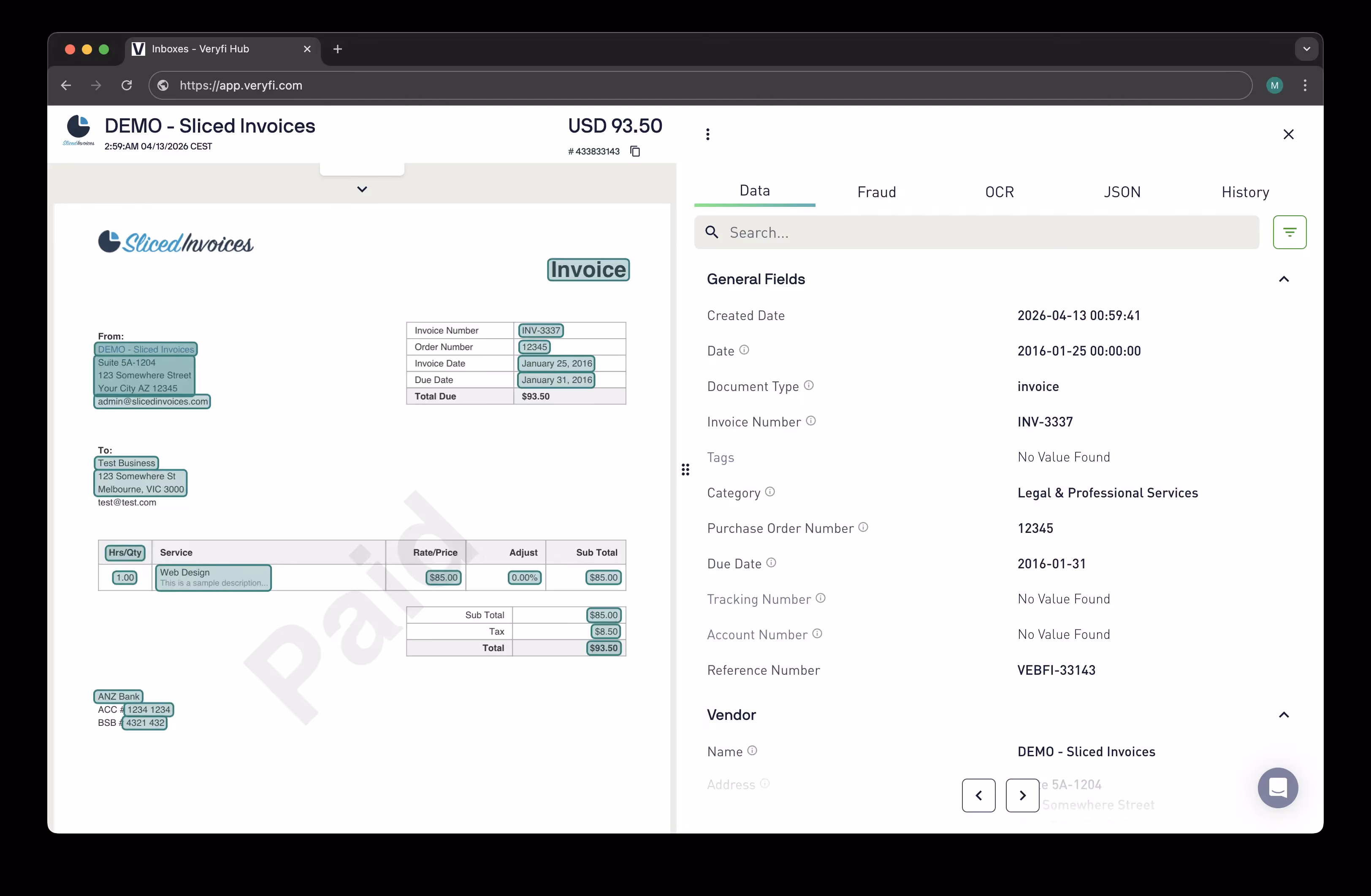 Vue d’extraction de documents Veryfi