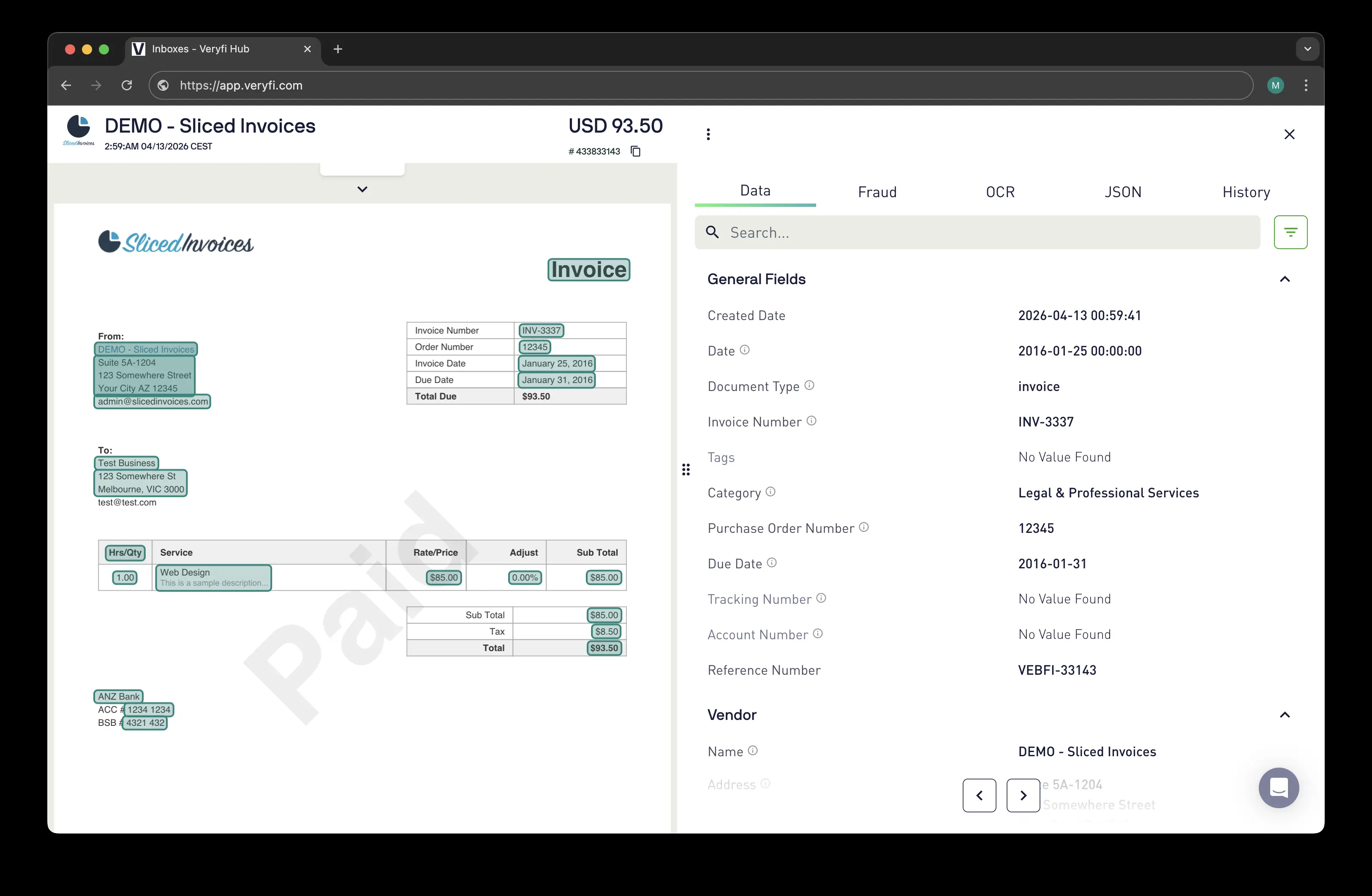 Veryfi data extraction output view
