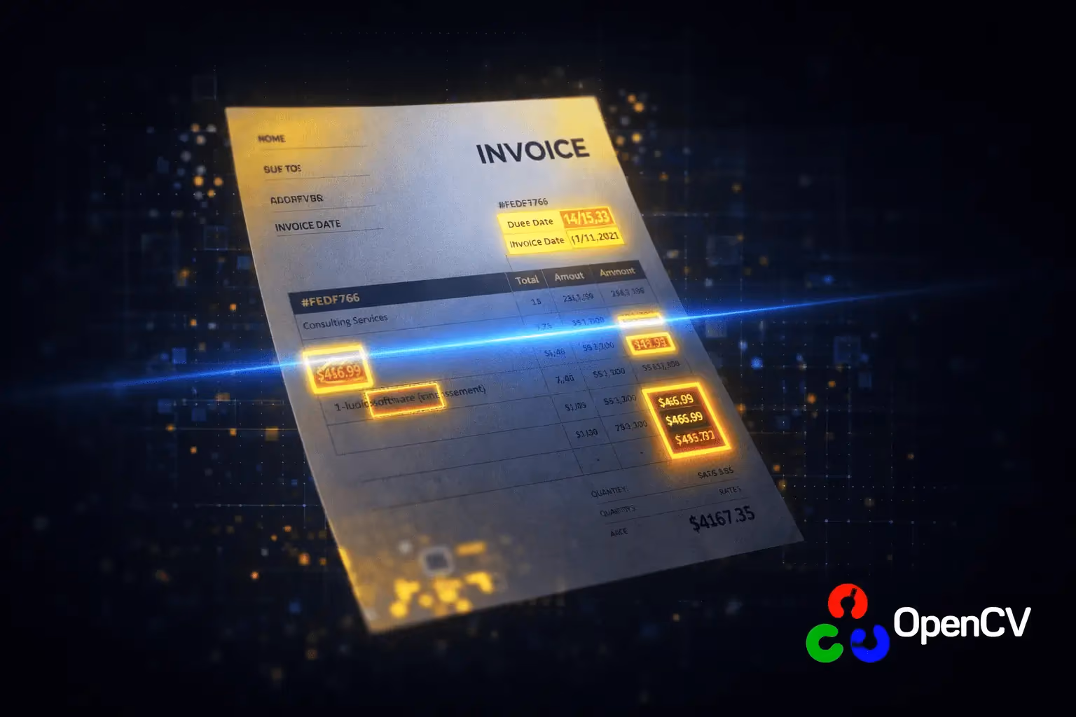 Miniature premium illustrant une facture au format US analysée visuellement par OpenCV avec effet de scan numérique et zones de détection mises en évidence, accents jaunes Koncile.