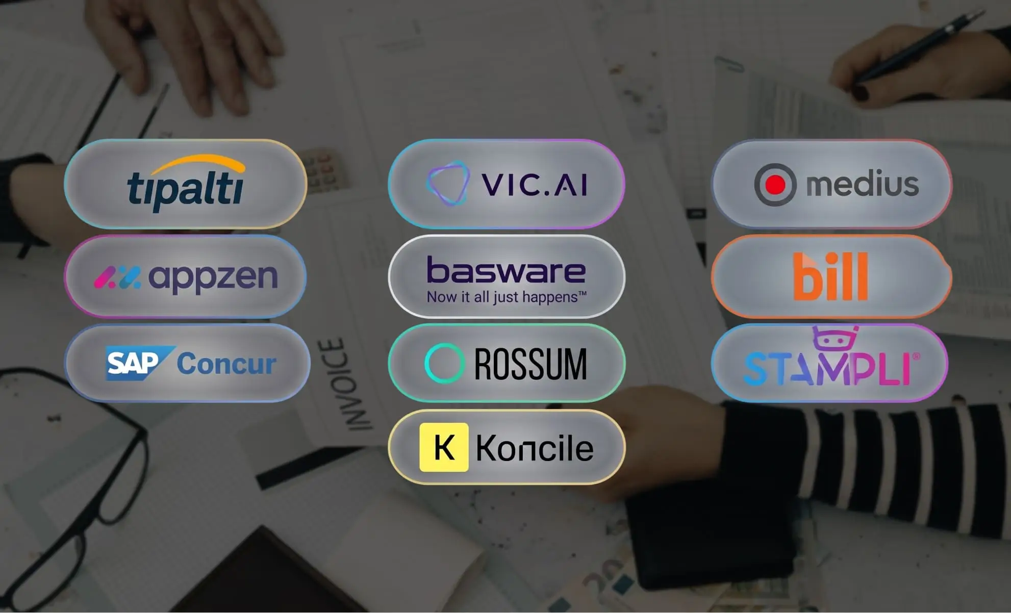 Présentation stylisée des logos des 10 plateformes d'automatisation comptabilité fournisseurs (Koncile, Tipalti, Stampli, AppZen, BILL, Medius, Basware, Rossum, SAP Concur, Vic.ai)