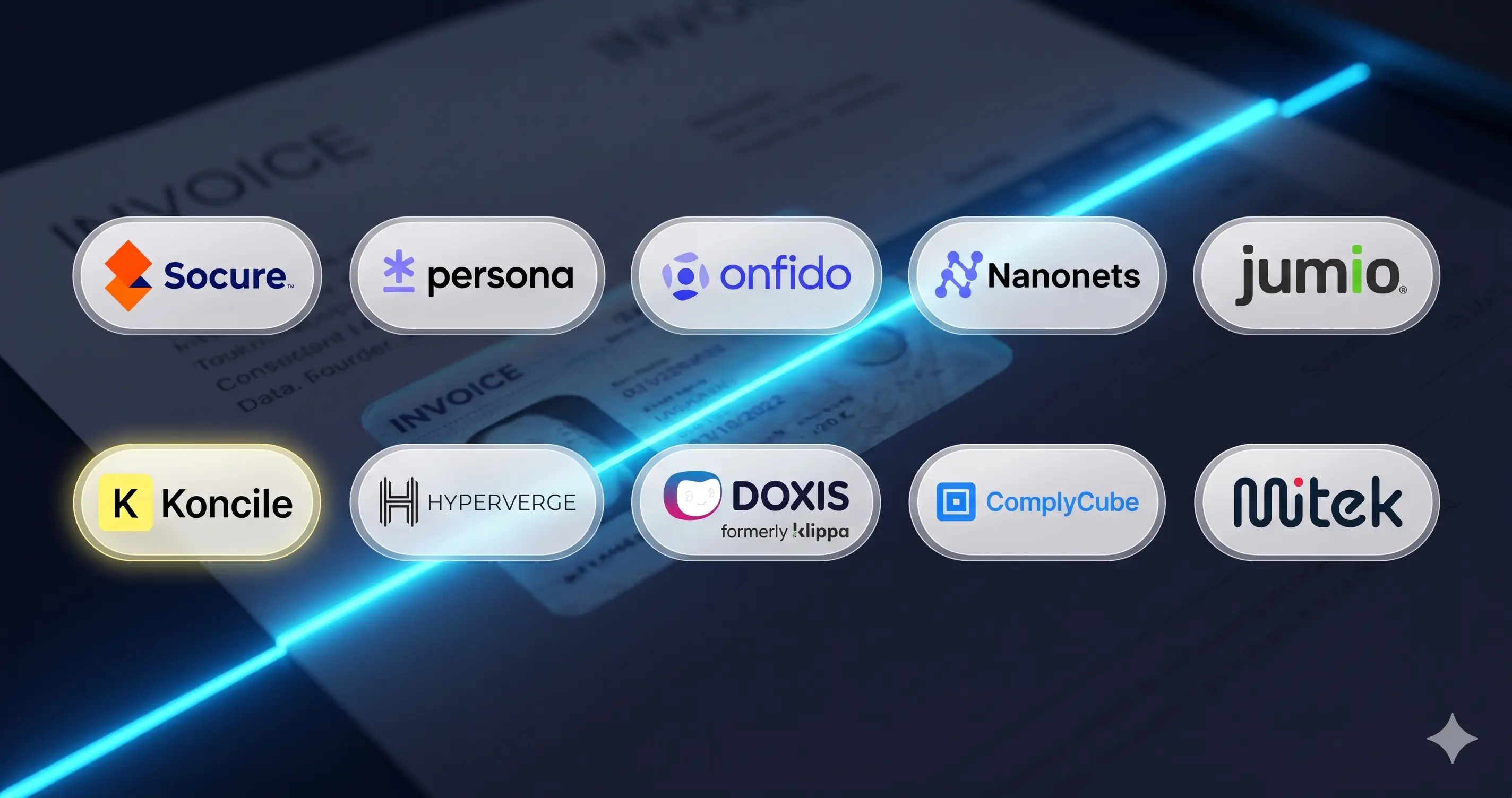Présentation stylisée des 10 solutions de détection de fraude documentaire comparées dans l'article (Koncile, Inscribe, Resistant AI, Klippa, Nanonets, Onfido, Jumio, Mitek, ComplyCube, Socure)