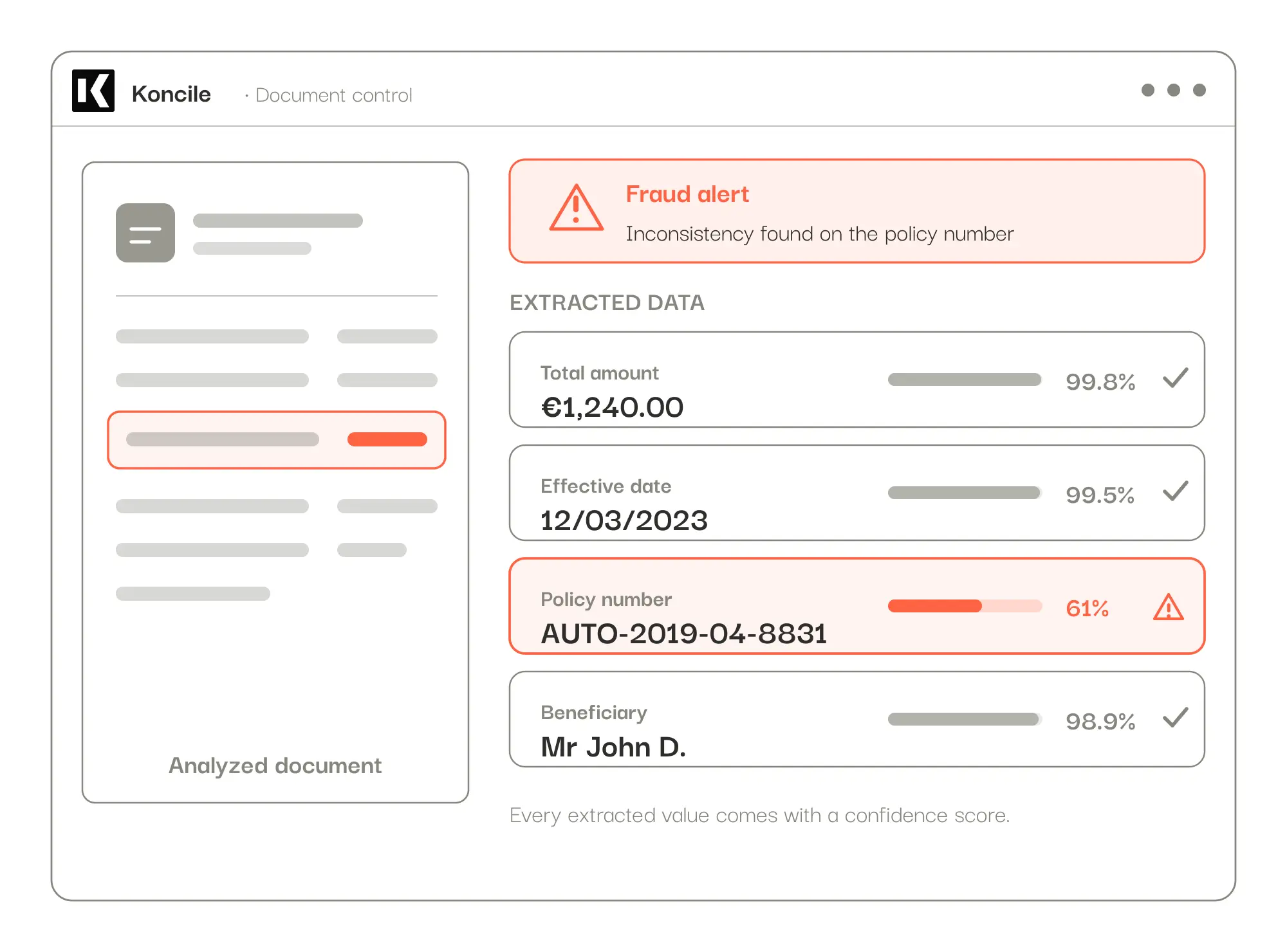 Koncile document control interface showing extracted data with a per-field confidence score and a fraud alert on an inconsistent policy number.