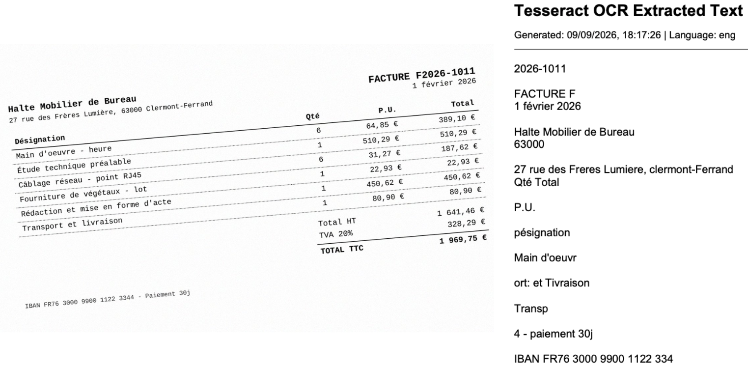 La facture originale à gauche, le texte brut extrait par Tesseract à droite