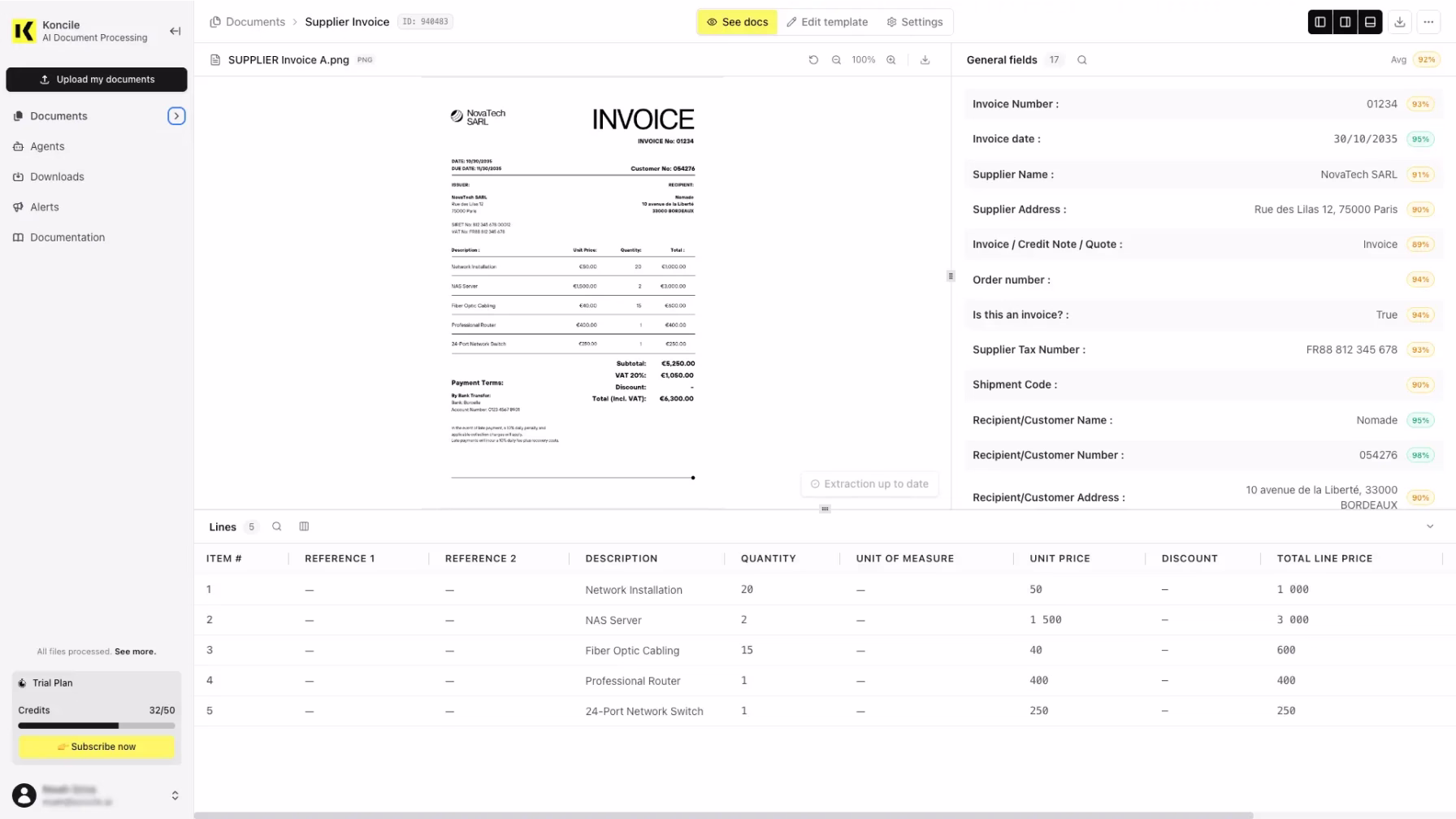 Koncile AI Hebrew OCR invoice extraction tool