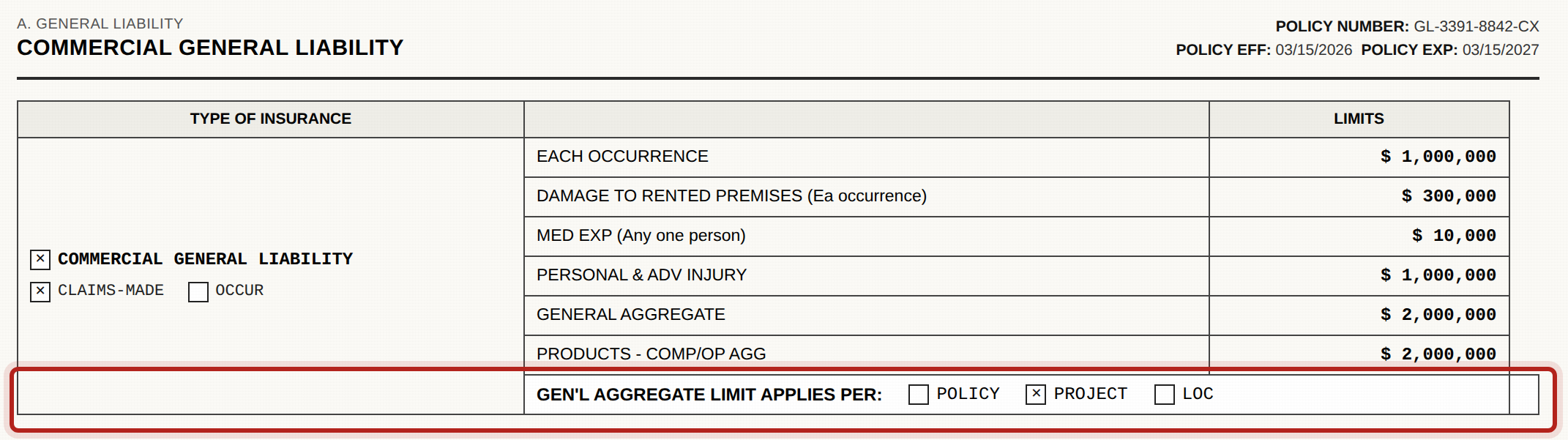 Extrait d'un certificat d'assurance (ACORD 25) montrant le champ « Gen'l Aggregate Limit Applies Per », avec les cases Policy, Project et Loc, encadré en rouge.