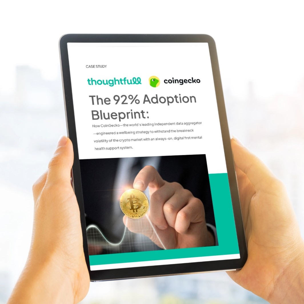 Tablet showing the ThoughtFull and CoinGecko case study, The 92% Adoption Blueprint