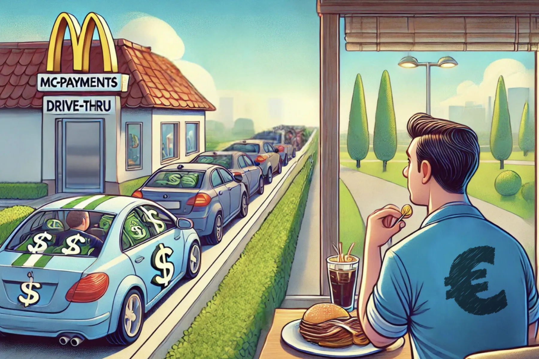 Illustration of U.S. payments as a long drive-thru line vs Europe's as a seamless dining experience.