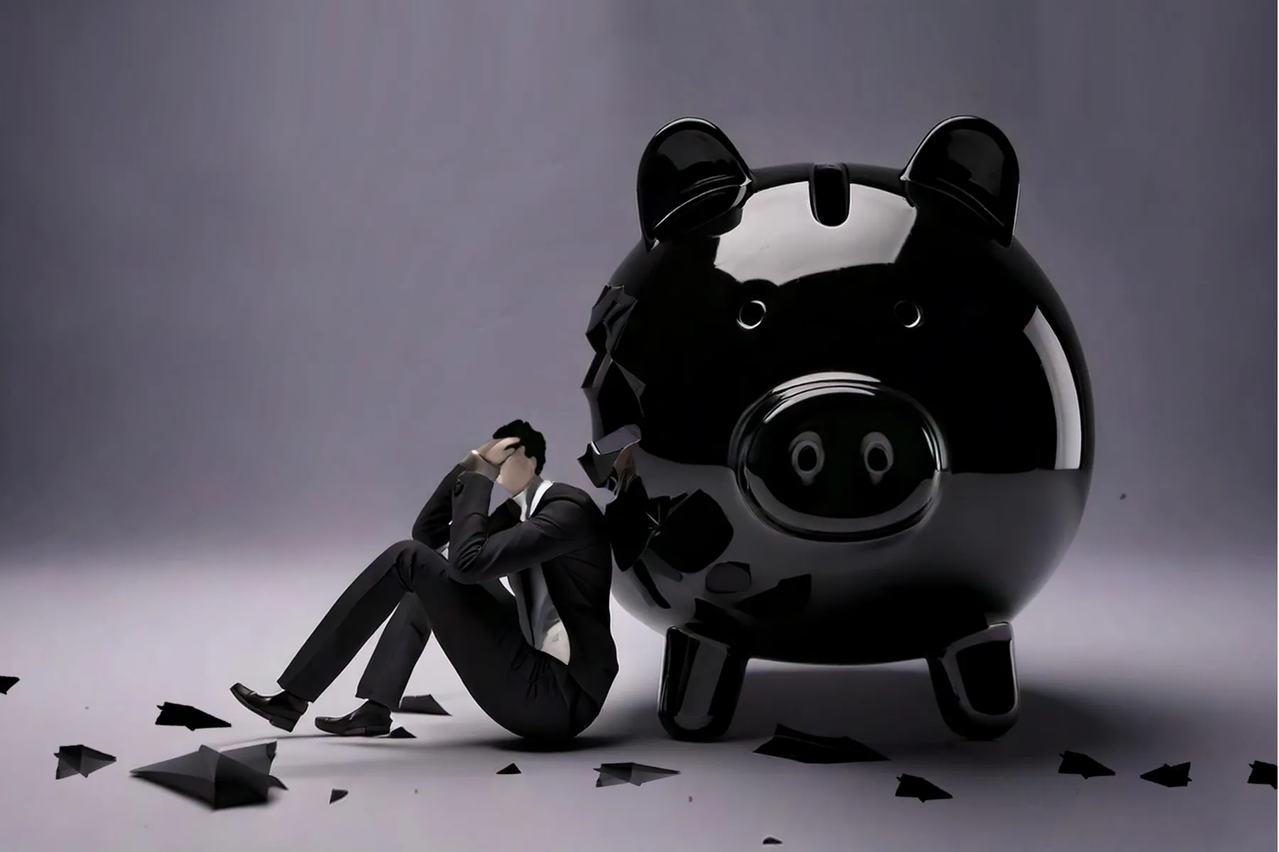 Businessperson beside cracked piggy bank, symbolizing chargeback losses.