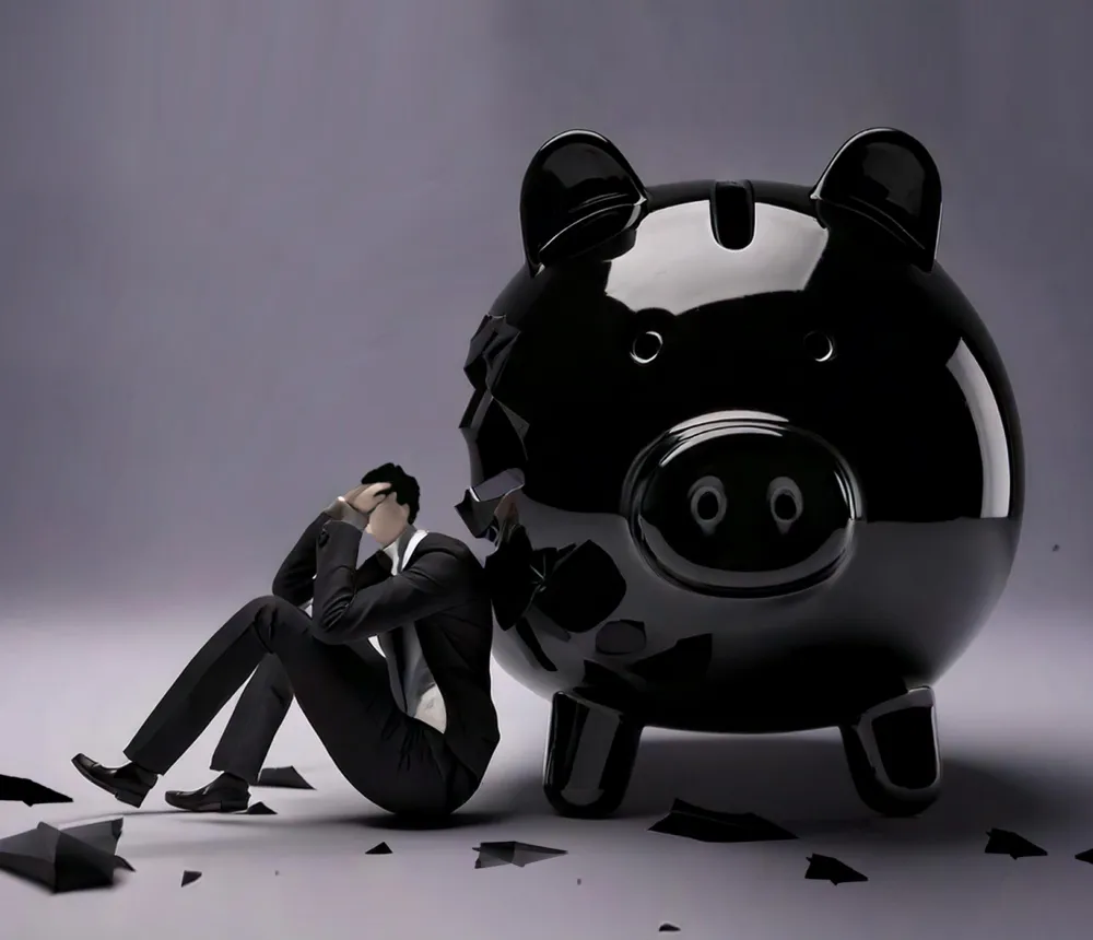 Businessperson beside cracked piggy bank, symbolizing chargeback losses.