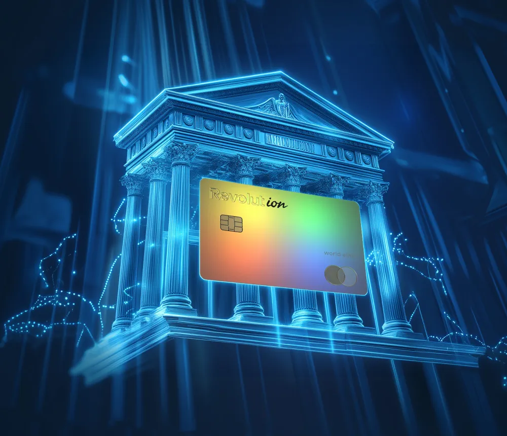A glowing fintech credit card hovers in front of a digital neoclassical bank structure, symbolizing innovation in startup funding and payment disruption.