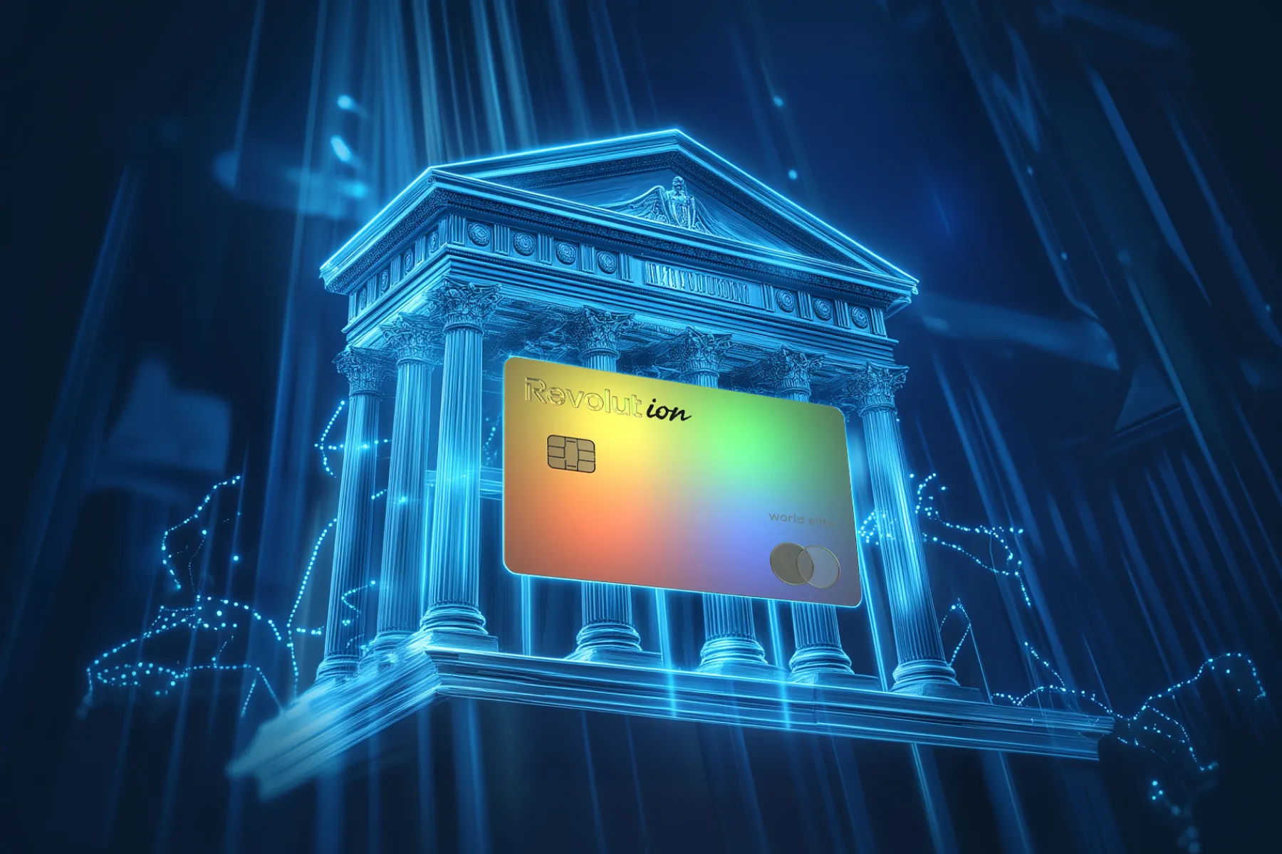 A glowing fintech credit card hovers in front of a digital neoclassical bank structure, symbolizing innovation in startup funding and payment disruption.