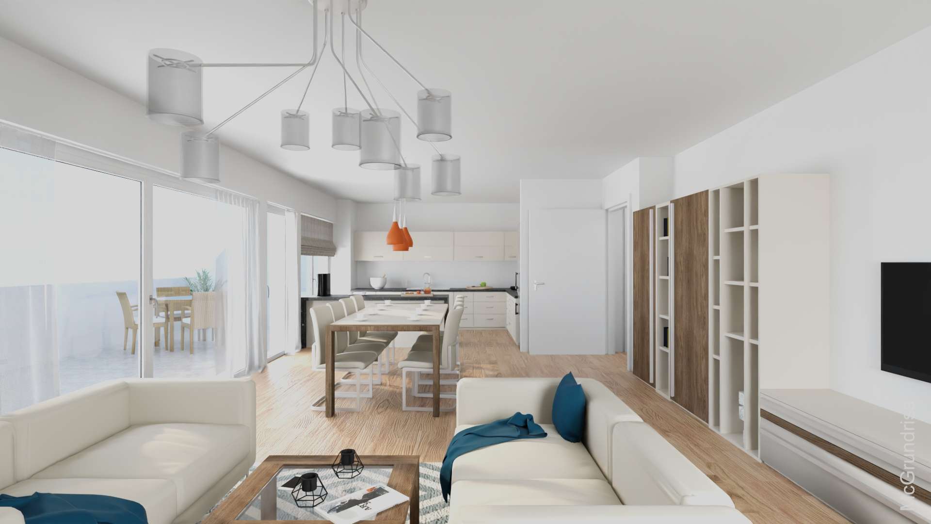 Wohn- und Esszimmer mit offenem Küchenbereich