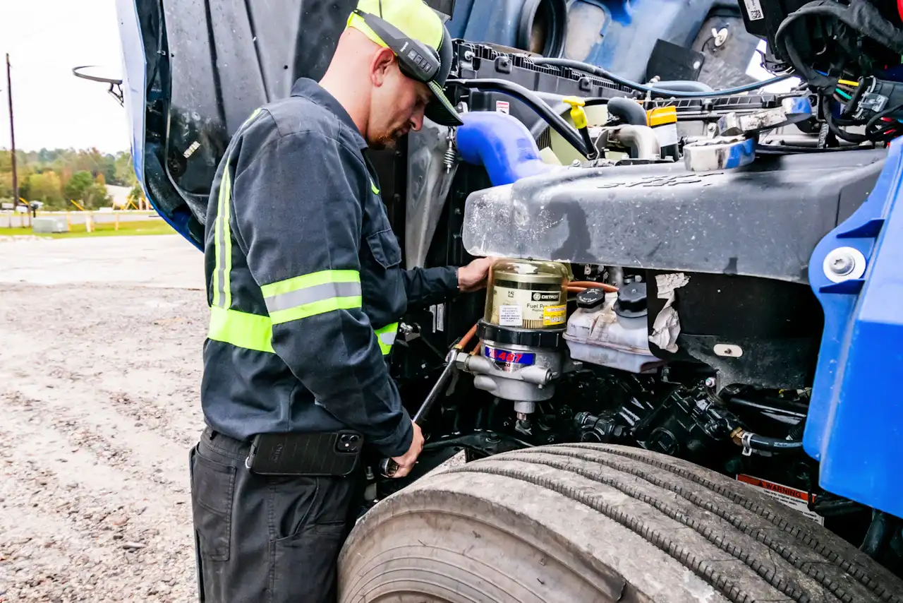 Roadside technician servicing a semi-truck engine with the hood open during heavy-duty repair.