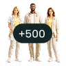 Three diverse professionals standing and smiling, with a dark overlay circle showing +500 in front.