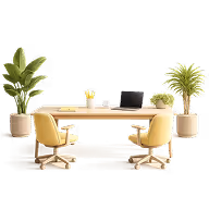 Modern office workspace with wooden desk, two yellow chairs, laptop, stationery, and two potted green plants.