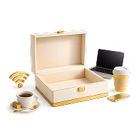 Open empty wooden box with a cup of coffee, a coffee cup with lid, and a Wi-Fi symbol beside it.
