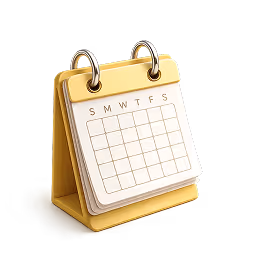 Yellow desktop calendar with blank weekly grid and day initials S, M, T, W, T, F, S.